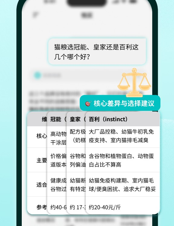 悦买横向对比：冠能、皇家、百利猫粮的核心差异、适合人群和参考价